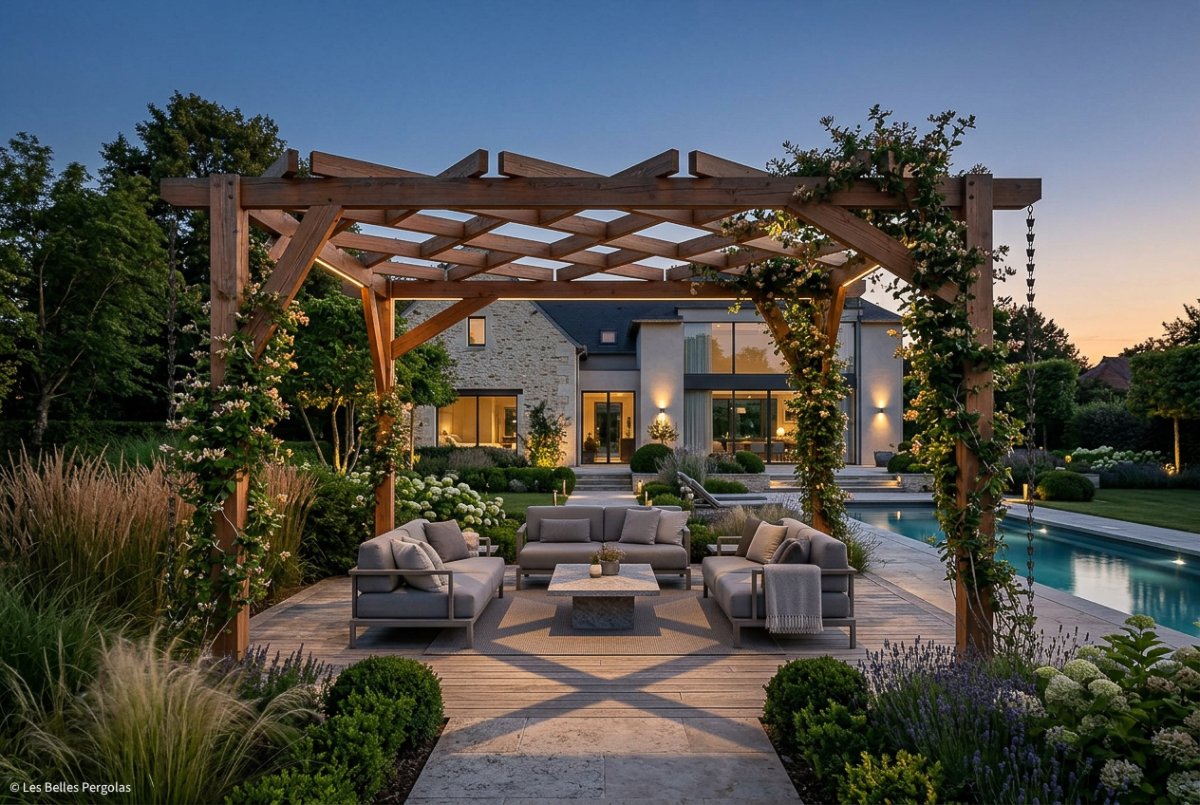 Pergola en bois de 4 × 3 m éclairée à la tombée du jour, abritant un salon extérieur près d'une piscine