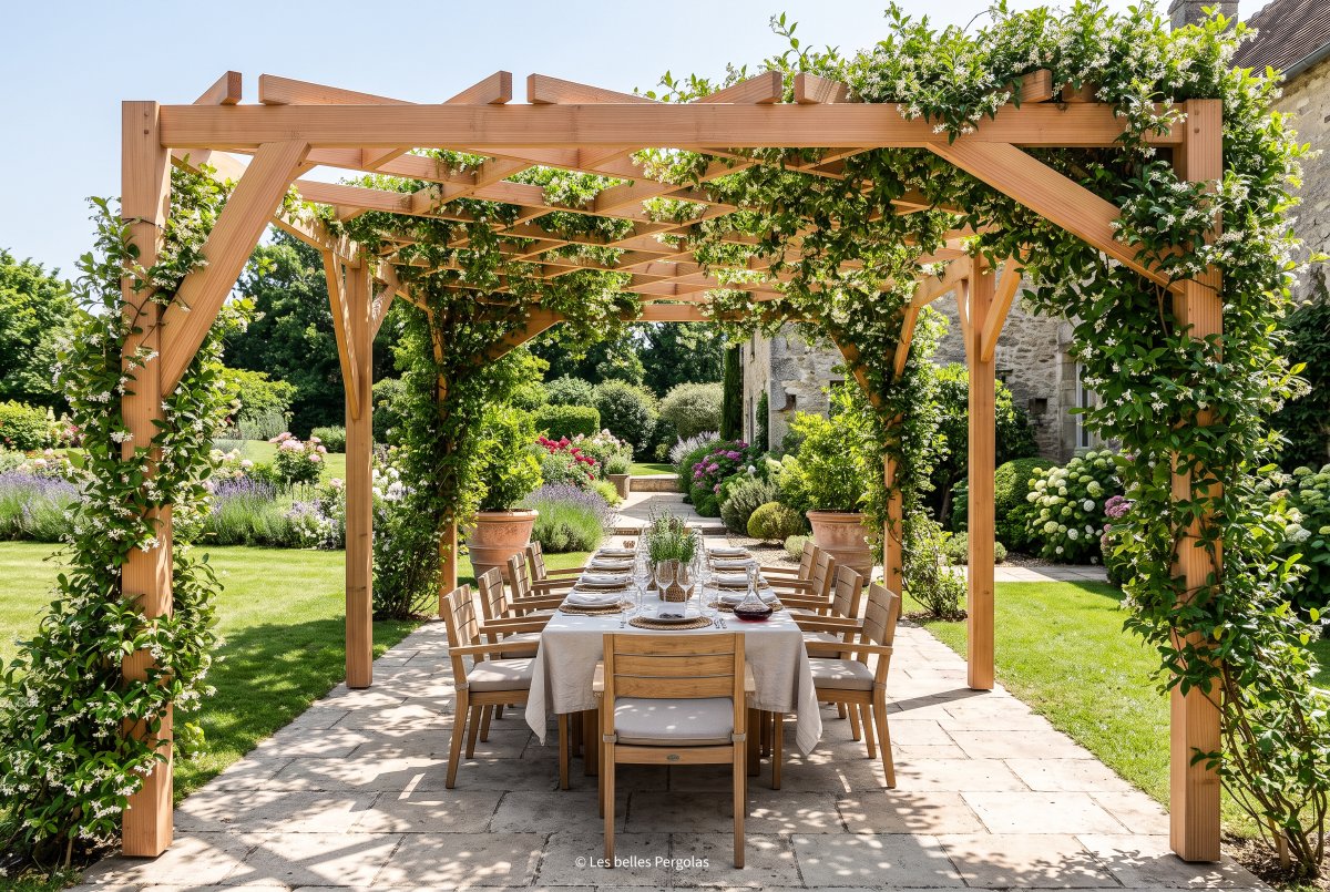 Pergola en bois couverte de jasmin, abritant une longue table dressée dans un jardin de pierre
