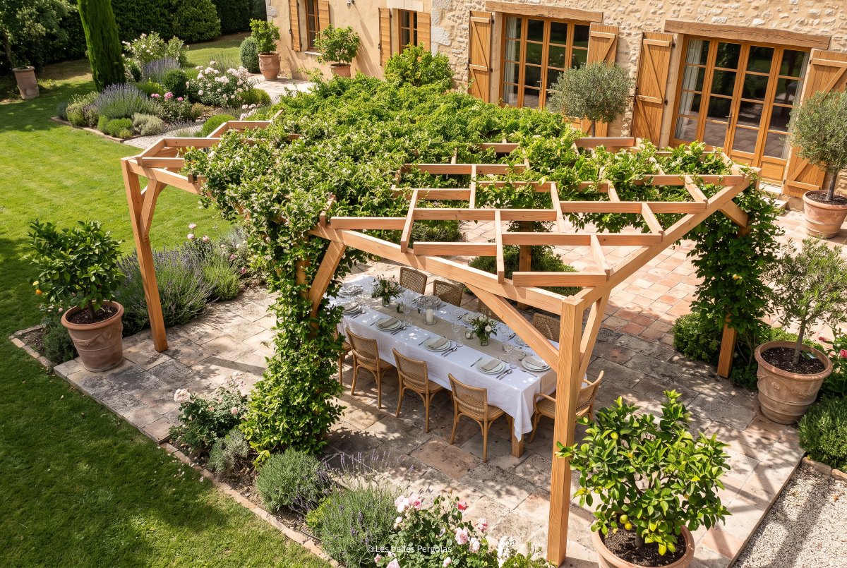 Vue plongeante sur une pergola en bois couverte de grimpantes, au-dessus d'une table sur dallage ancien