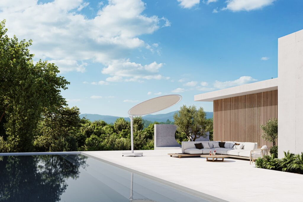 photo d'un parasol design sur une terrasse