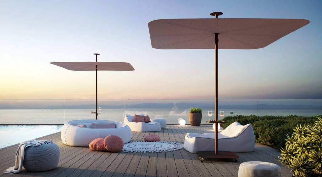 deux parasols Umbrosa sur une belle terrasse