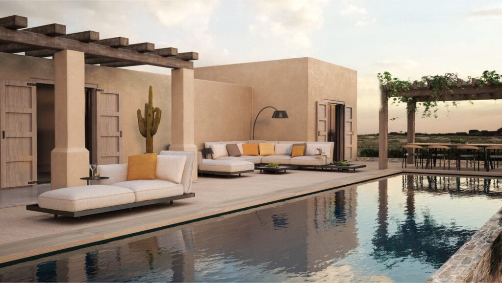 Photo de mobilier de la marque Royal Botania sur une terrasse, près d'une piscine