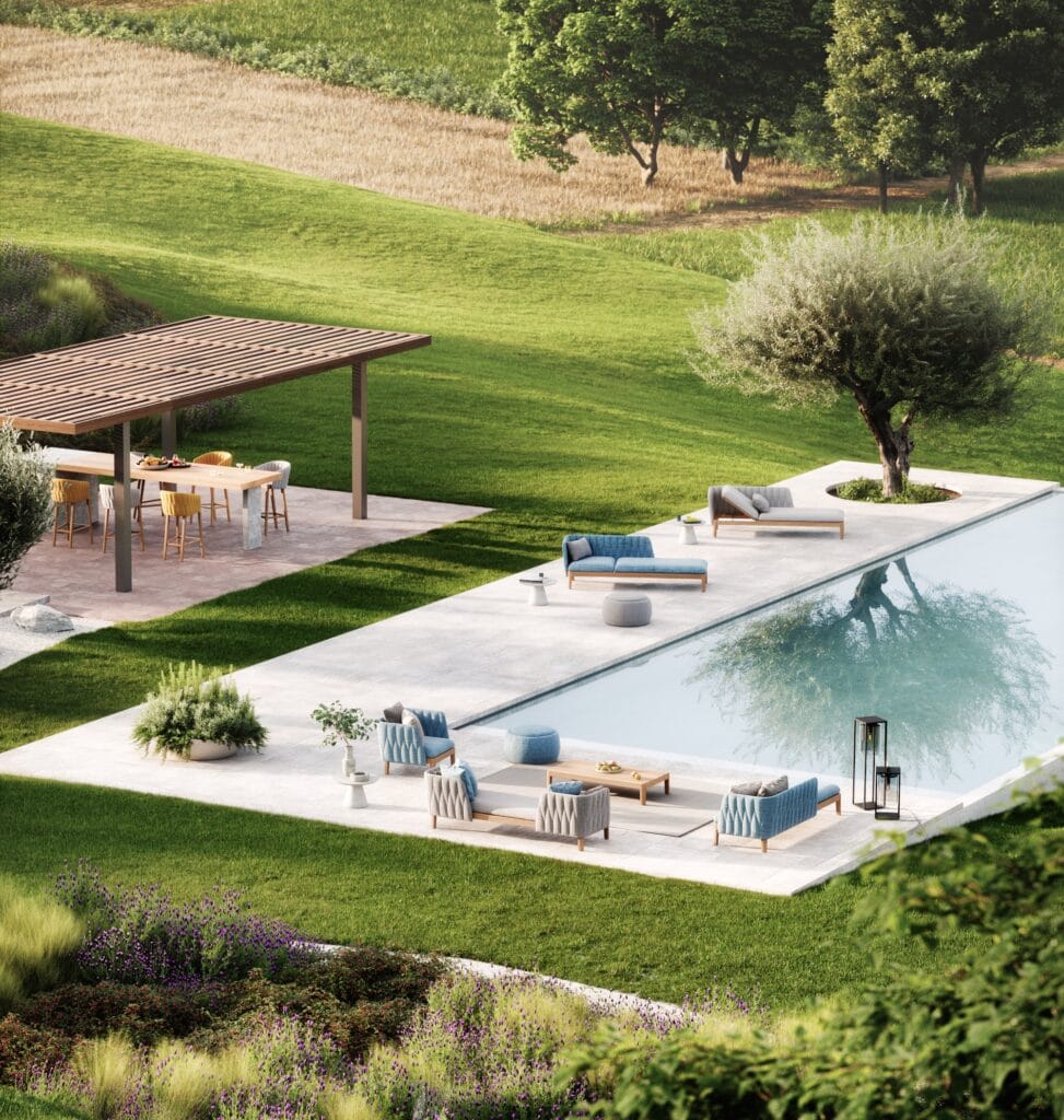 photo de mobilier exterieur royal botania, près d'une piscine