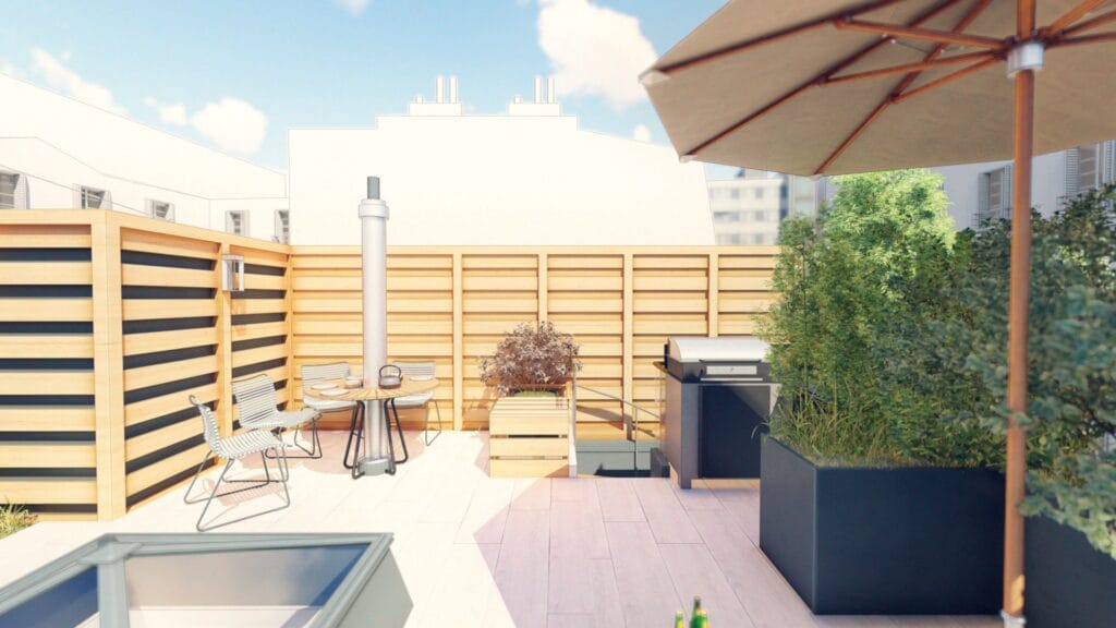 photo en 3D de la réalisation d'un toit-terrasse à Paris