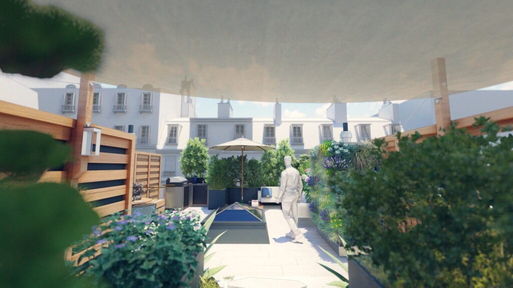 image en 3D d'un toit-terrasse à Paris réalisé par nos architectes paysagistes