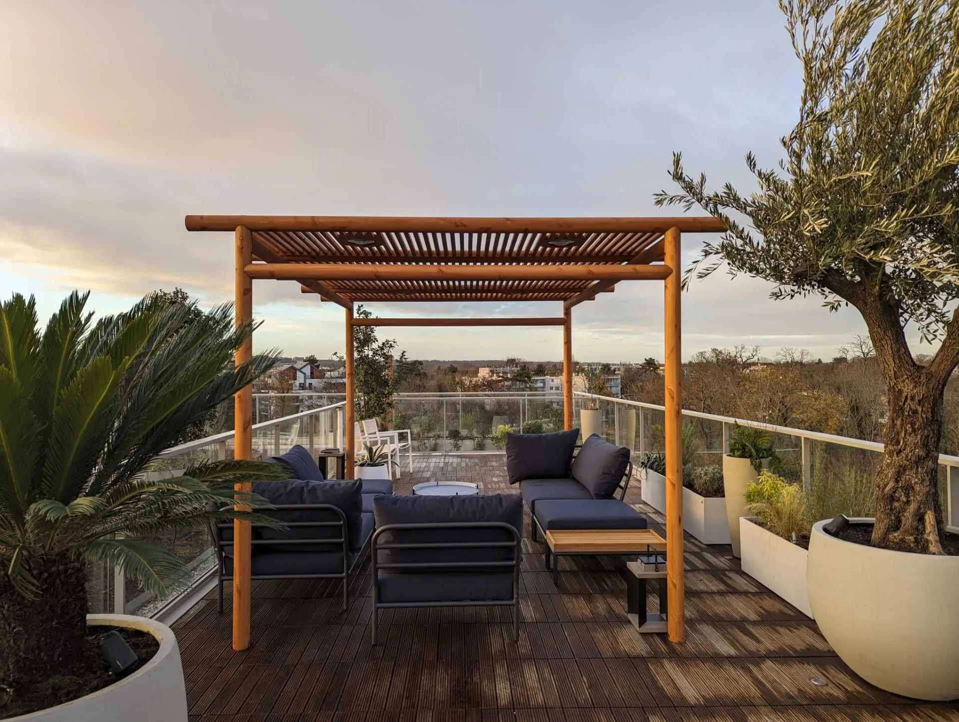 Photo d'un toit terrasse au Vésinet avec une pergola en bois et pots