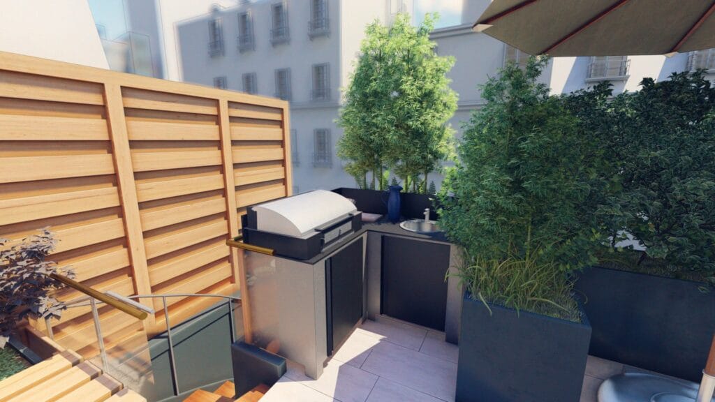 image 3D d'un toit terrasse équipé d'une cuisine extérieure à Paris