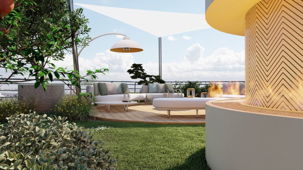 Photo d'un toit-terrasse en 3D à paris 8 avec un brasero réalisé par Terrasse et Jardin de Paris