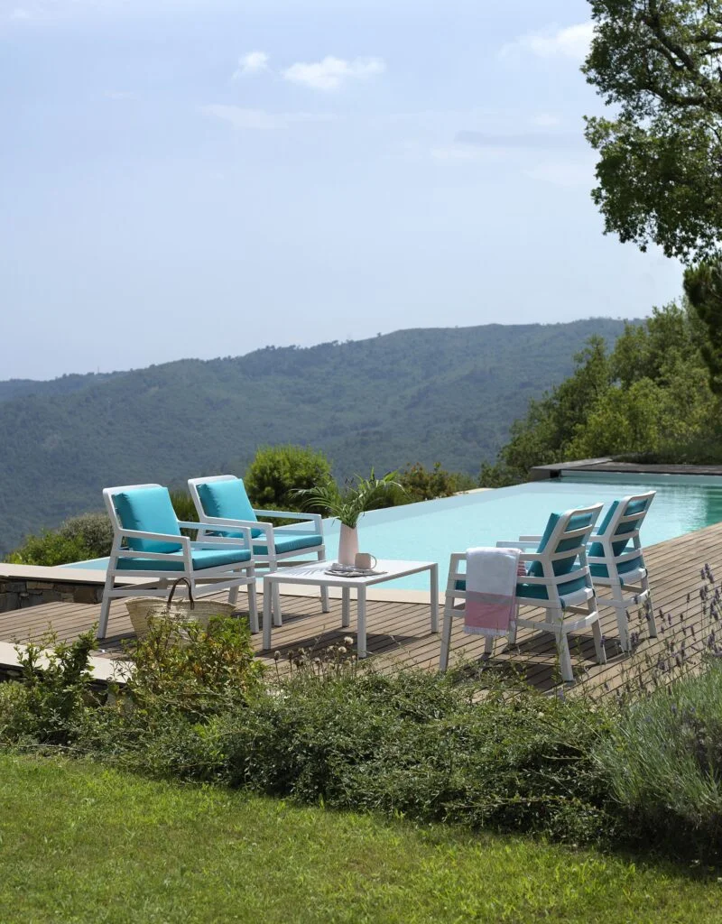 4 fauteuils de la marque Nardi au bord d'une piscine