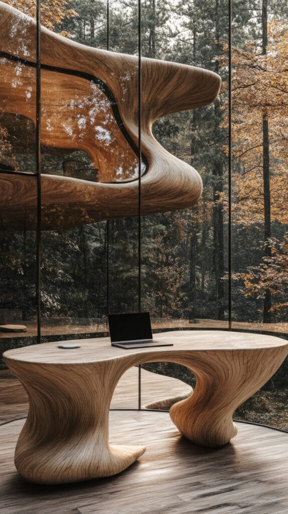 photo d'un bureau design avec une table en bois et une véranda