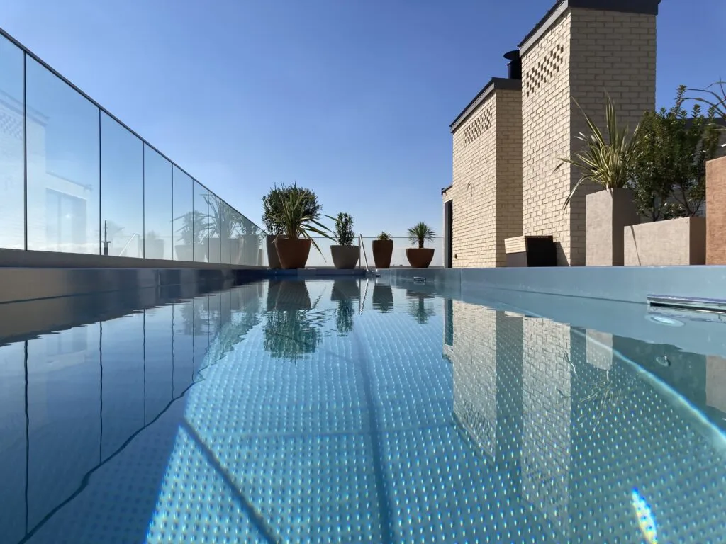 Photo d'une piscine en inox avec des plantes dans des pots