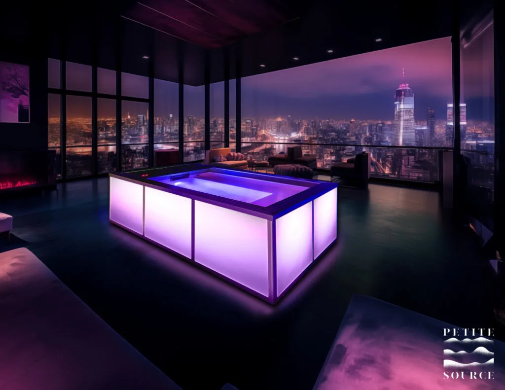 Photo d'un sauna de la marque Petite Source avec son éclairage rose