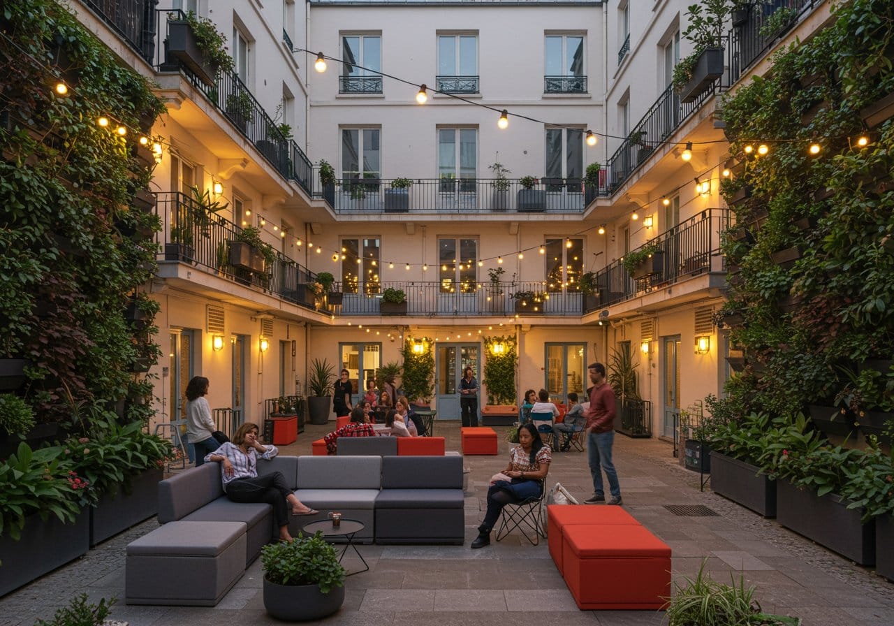Solutions créatives pour l'aménagement de cour d'immeuble parisien partagé et convivial.