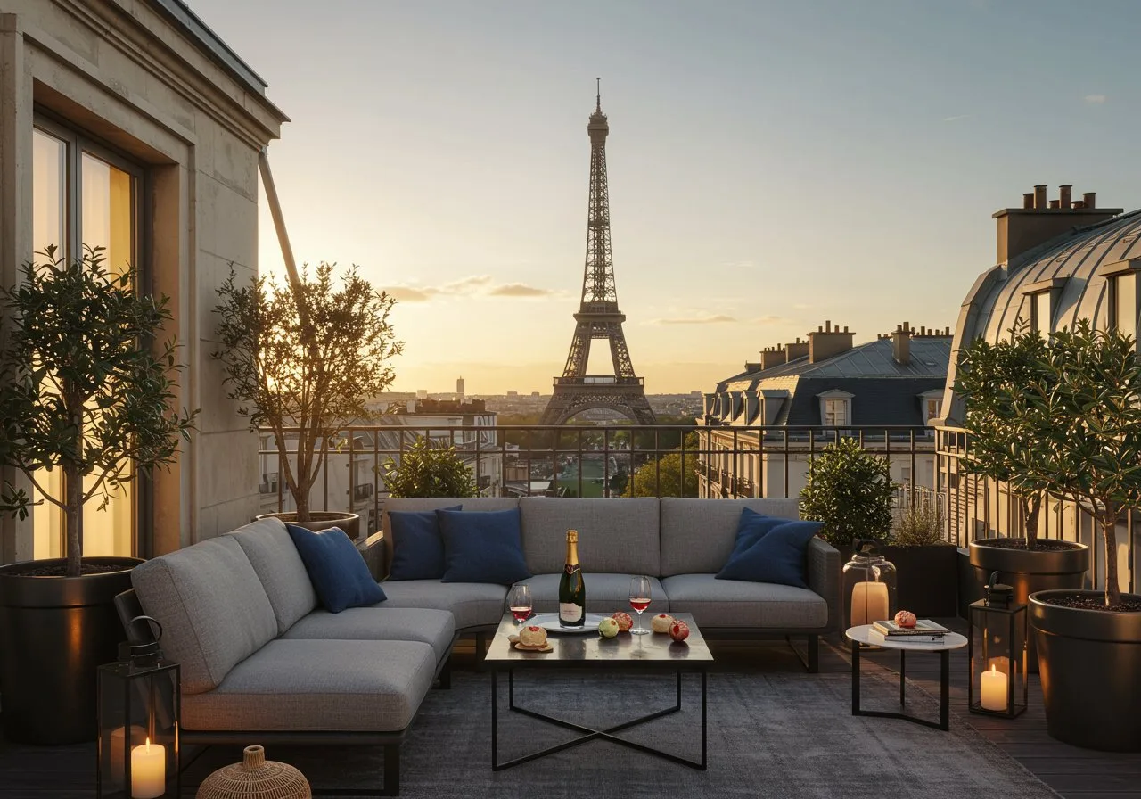 Conseils pour un aménagement de terrasse à Paris 7ème élégant et sur mesure.