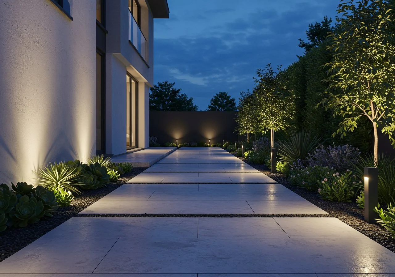 Valorisez votre espace vert contemporain en intégrant mobilier design, éclairage subtil et aménagements structurés pour une ambiance raffinée.
