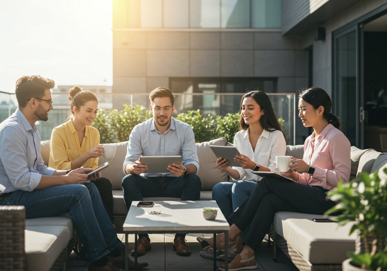 Création d'un espace extérieur entreprise fonctionnel et esthétique pour le bien-être des employés.