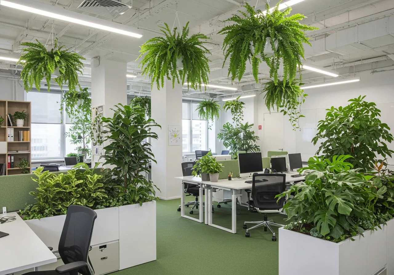 La décoration végétale améliore l'ambiance des bureaux, favorisant la concentration et la créativité des employés.