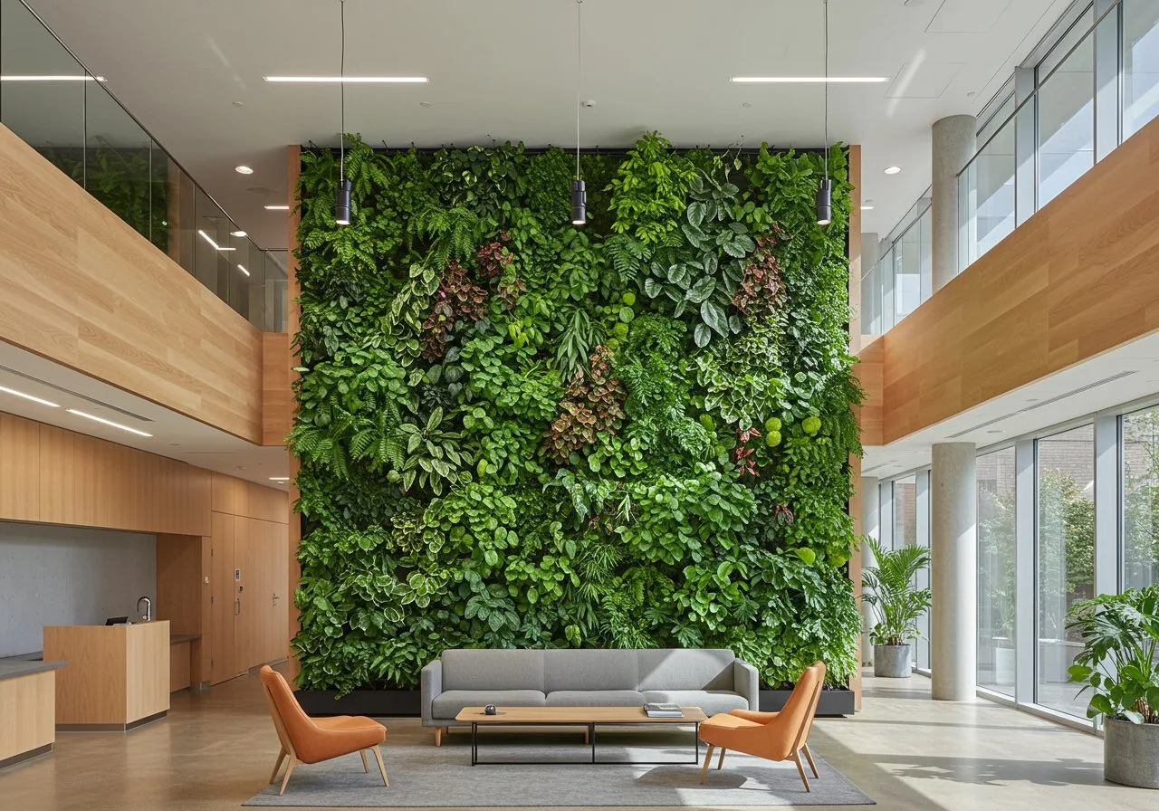 Un mur végétal pour bureaux favorise un environnement de travail apaisant et stimulant pour les employés.