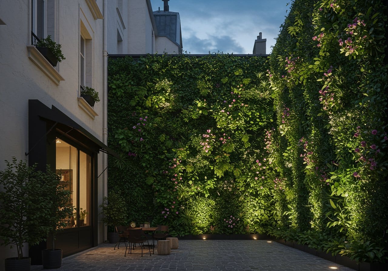 Un extérieur métamorphosé par un design paysager réfléchi, offrant un jardin urbain serein au cœur de la ville.