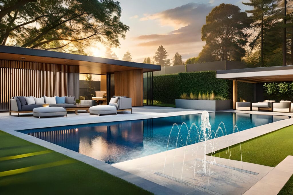 Terrasse moderne haut de gamme avec piscine et fontaine Deckflow intégrée au bord de l'eau au coucher du soleil