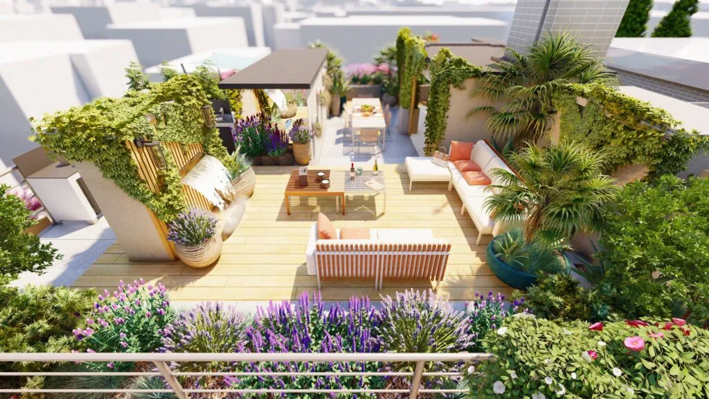 Terrasse en bois de prestige avec cascade murale, mobilier sur-mesure et végétation luxuriante en rooftop