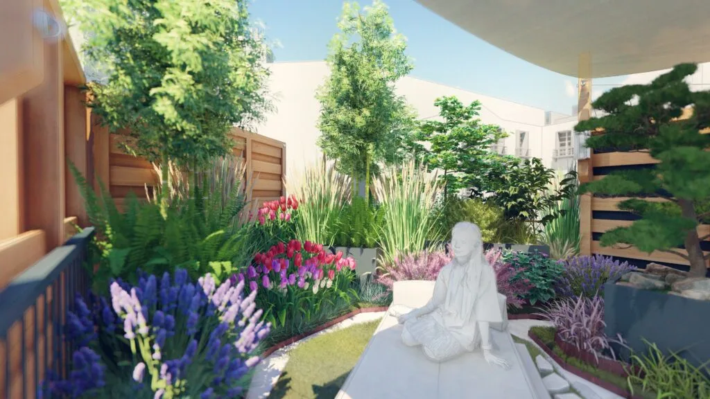 Massif de tulipes roses et lavandes bordant une assise sur une terrasse parisienne en bois.