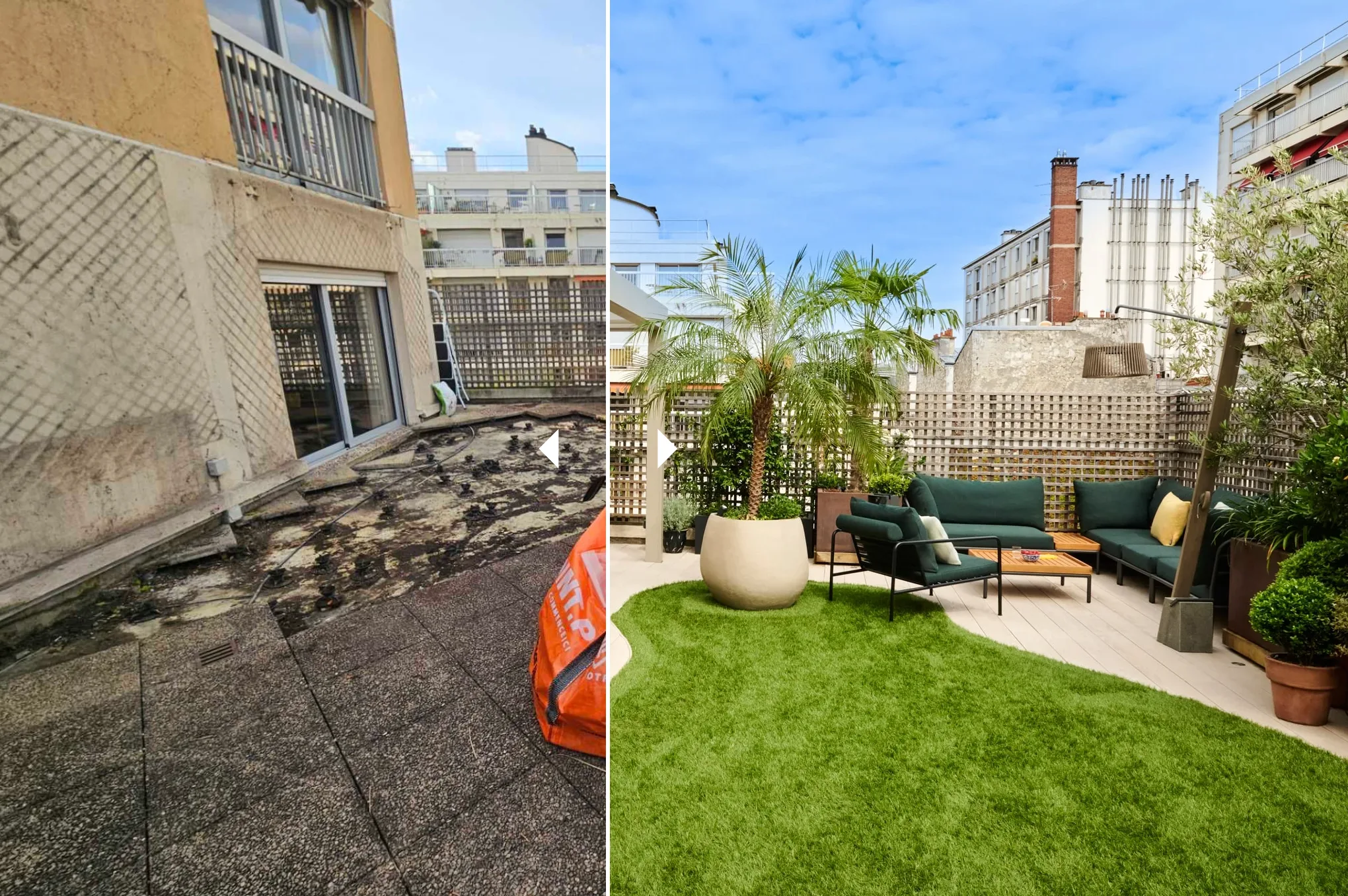 Avant-après d’une terrasse urbaine rénovée avec pose de gazon synthétique, mobilier extérieur et grands bacs plantés.