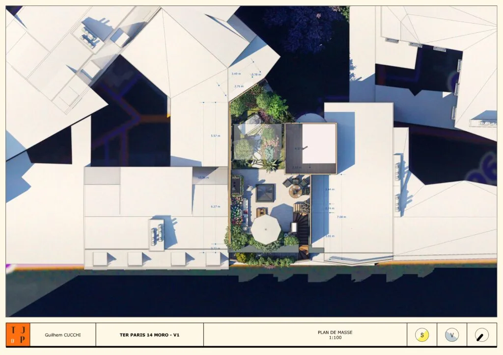 Plan de masse architectural d'une terrasse avec cotes de mesures et zones de végétation