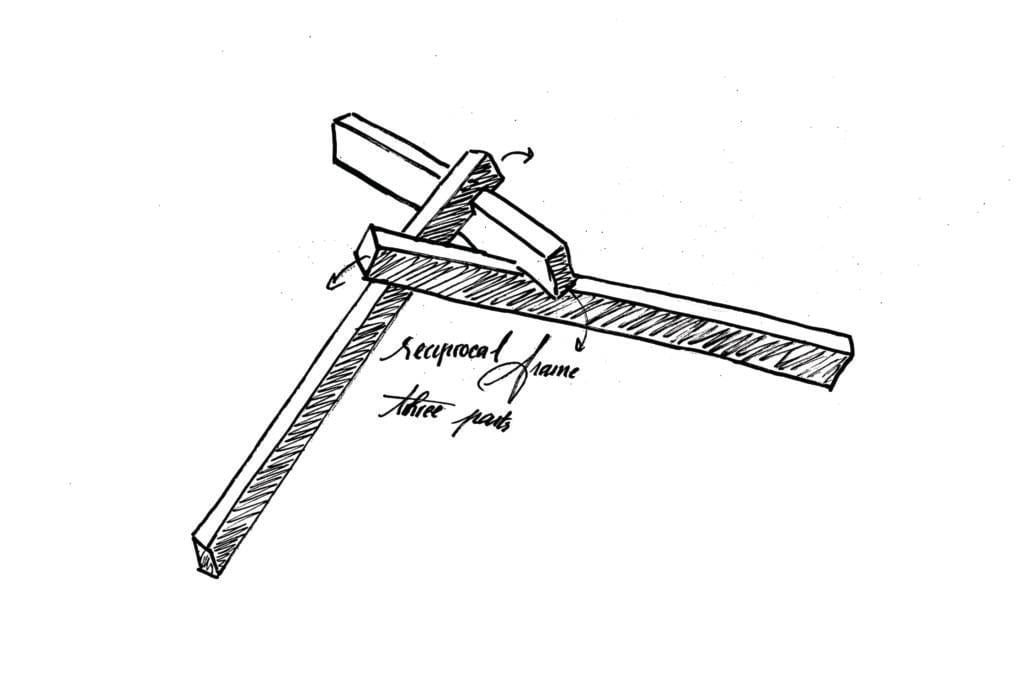 Croquis d’un élément de structure réciproque en bois utilisé dans la conception Sinallagma