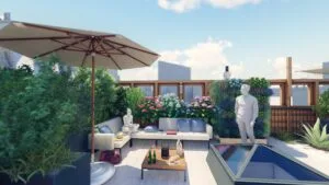 Vue d'ensemble d'un rooftop aménagé avec cuisine d'été, salon et parois végétalisées à Paris