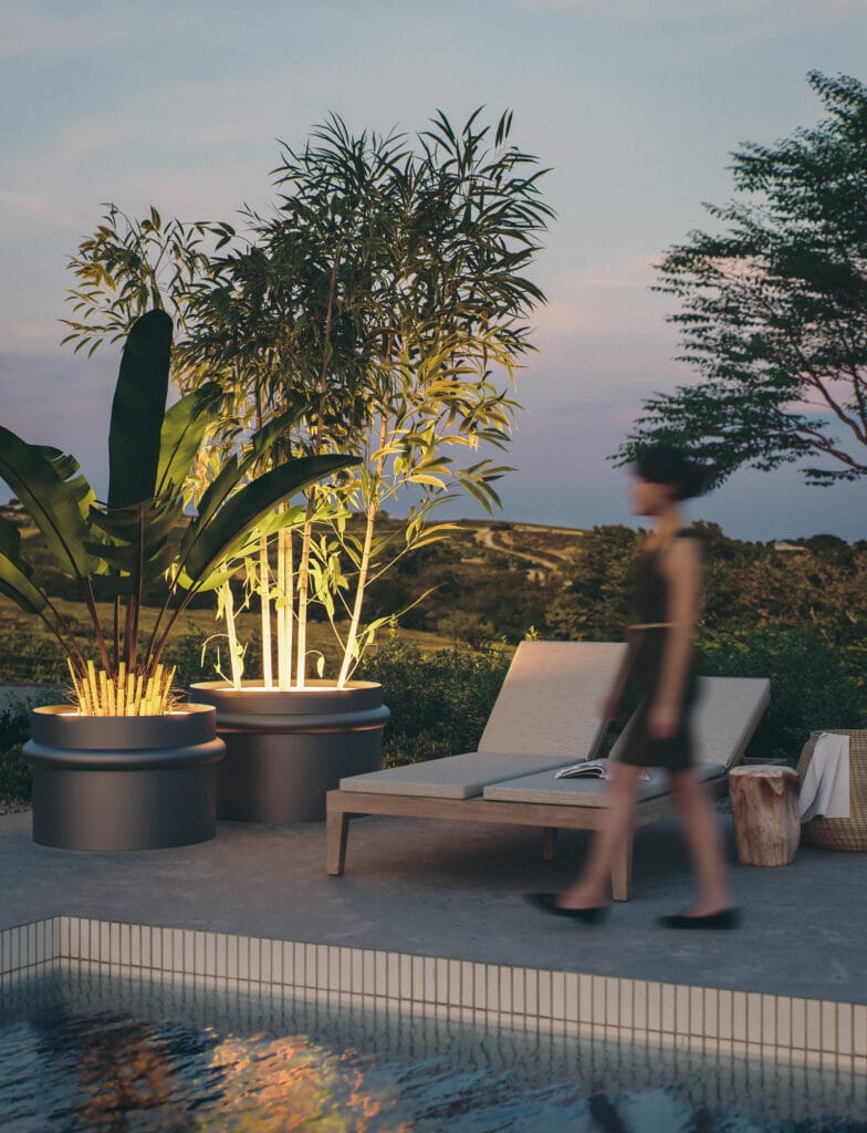 Jardinière design haut de gamme Mazu avec rétroéclairage LED bord de piscine.