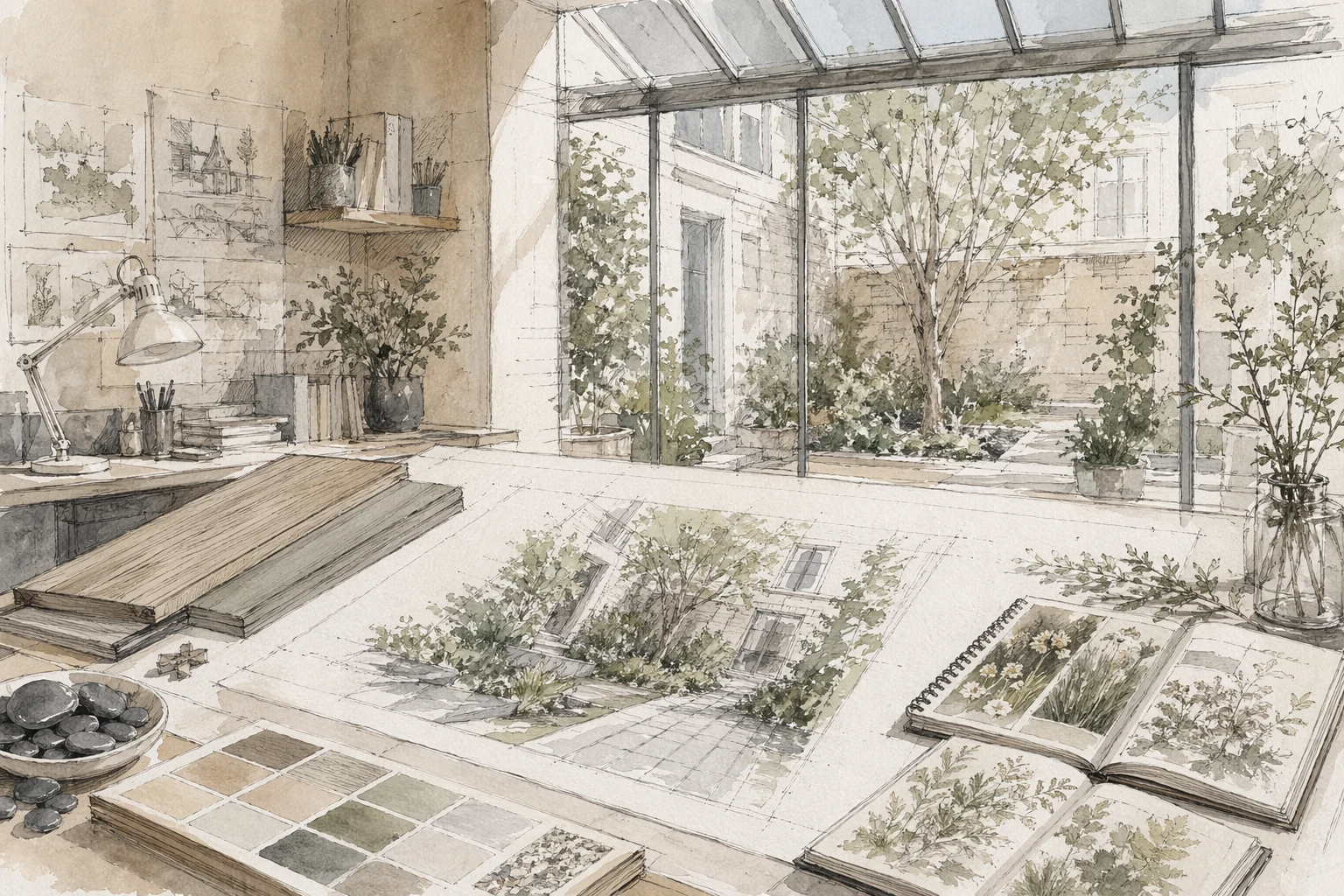 Bureau d'étude paysagiste TJDP : esquisses aquarelle et plans pour la création d'un jardin à Paris — le passage de l'analyse au projet