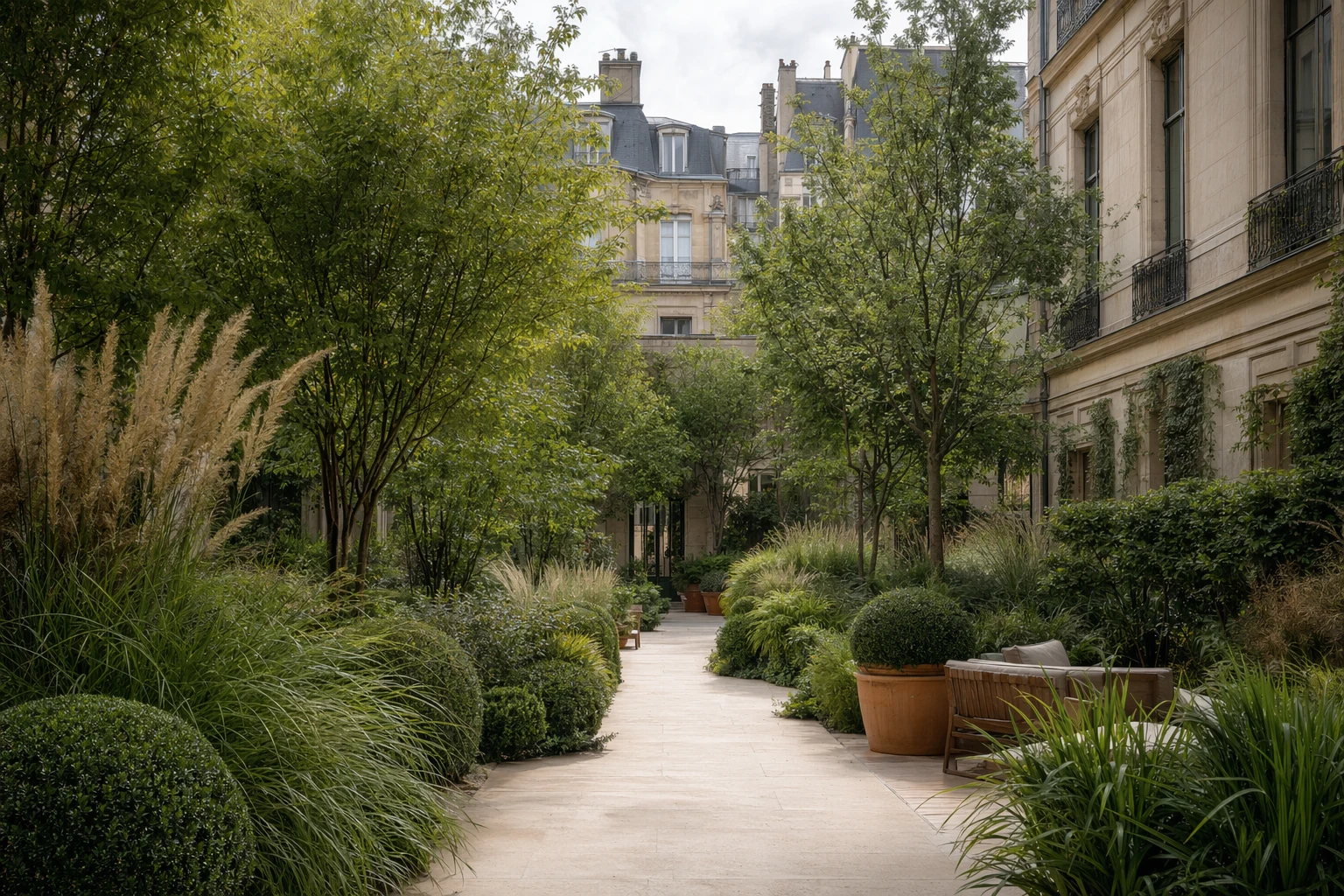Sol urbain Paris paysagiste - jardin en cour intérieure parisienne avec plantation adaptée au substrat