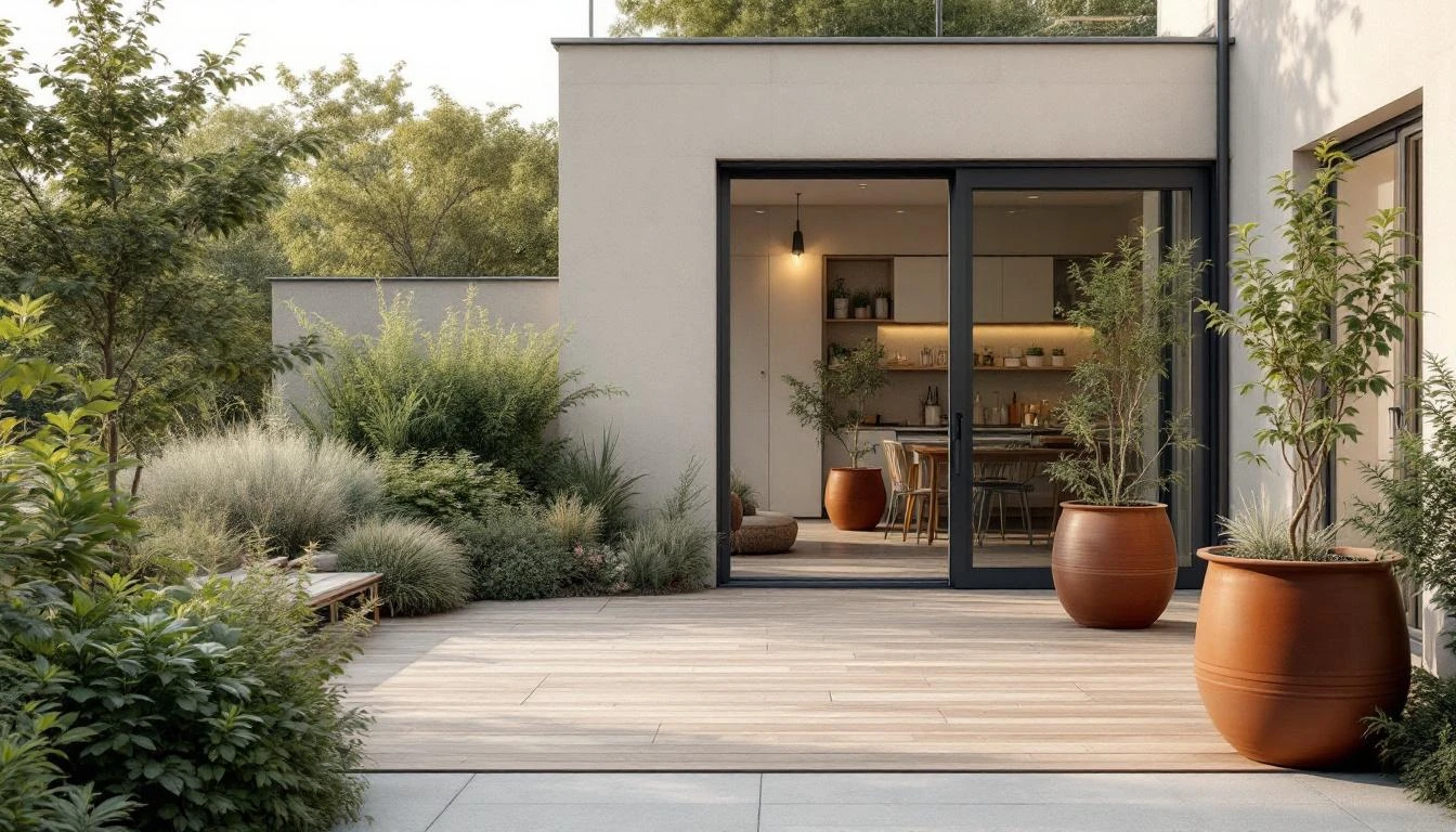 Agencement terrasse appartement paris végétal minéral par strates jardinières corten graminées Pittosporum