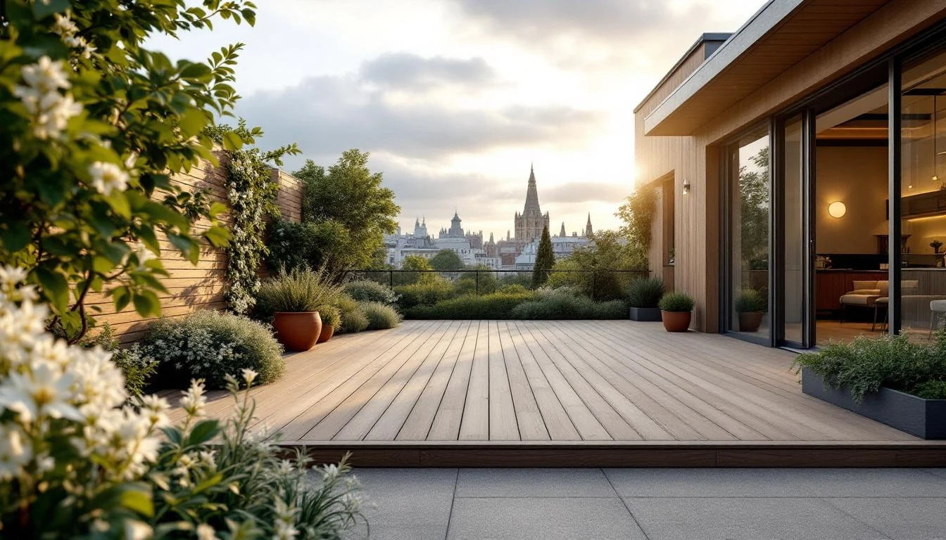 Du salon à la terrasse quand le rythme des murs franchit le seuil – lames de bois et jasmin palissé sur terrasse parisienne en continuité avec l'intérieur