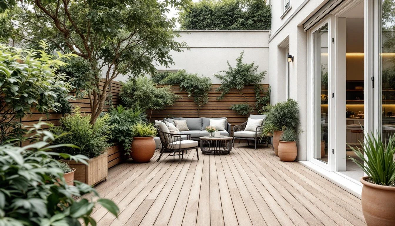 Lames de terrasse et moulures intérieures en correspondance dans un projet TJDP, terrasse Paris 16e, ipé et claustra acier