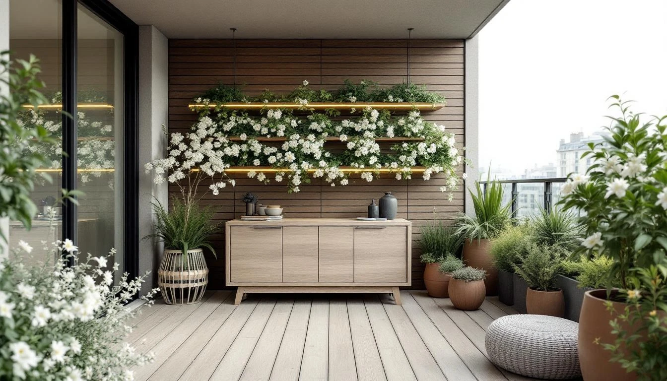 Méthode TJDP continuité intérieur extérieur terrasse Paris, vue depuis le salon vers la terrasse, même module de sol et garde-corps aligné