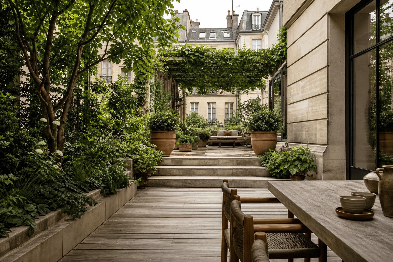Terrasse végétalisée Paris avec bambous noirs en bacs, graminées et jasmin étoilé, lumière de fin d'après-midi, vue sur façades haussmanniennes