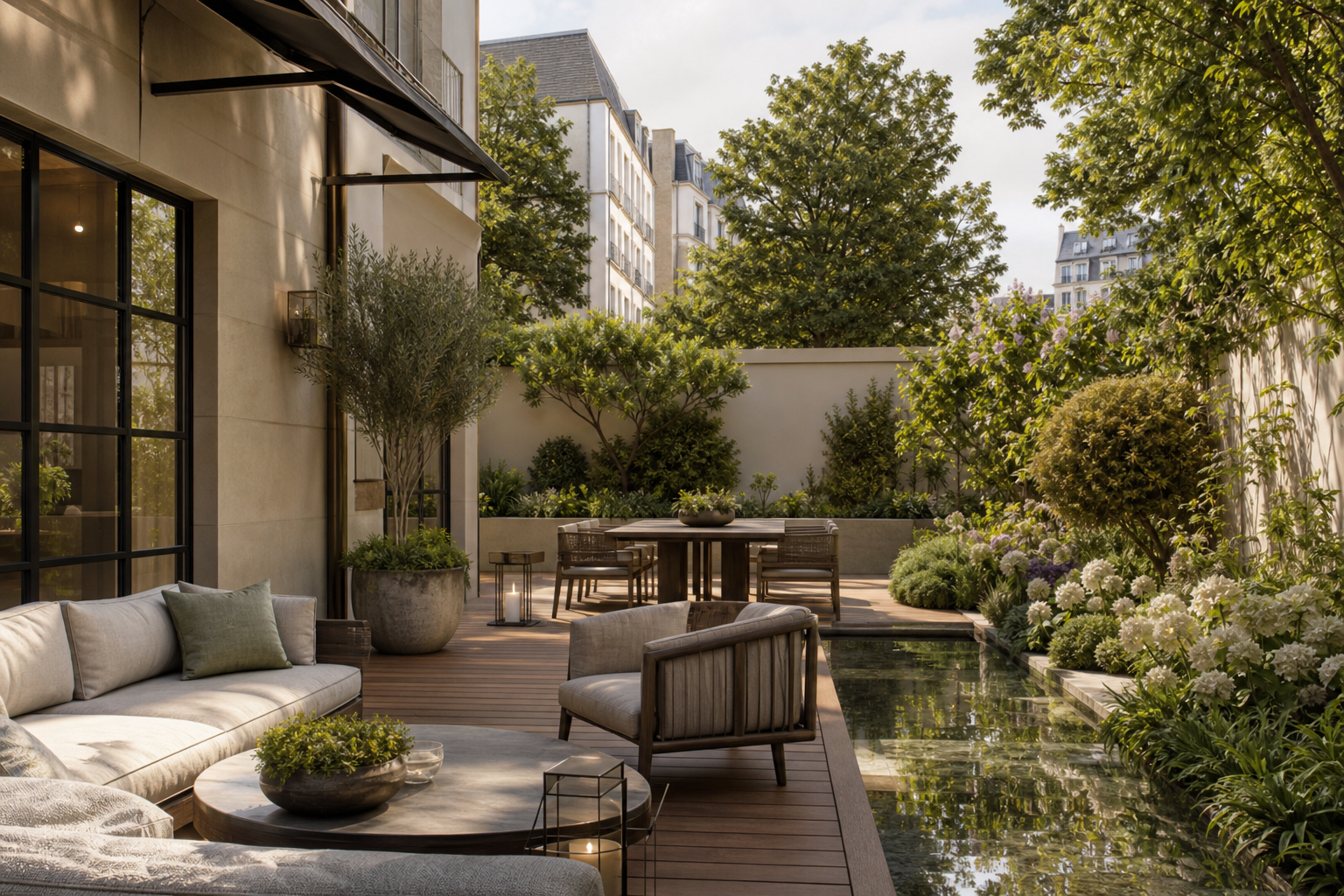 Système d'arrosage goutte-à-goutte dans un jardin parisien résistant à la chaleur