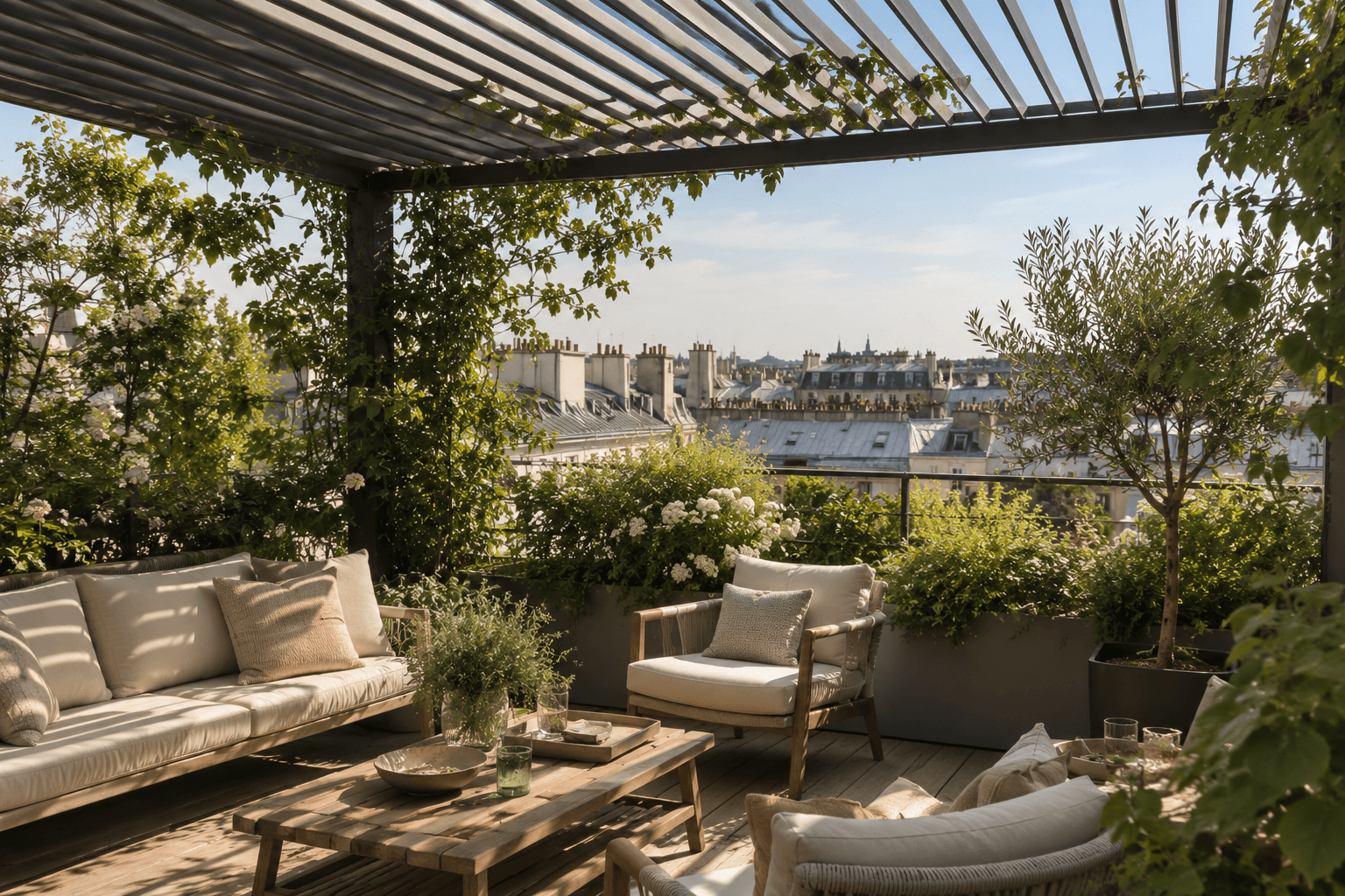 Terrasse parisienne ombragée par une pergola bioclimatique à lames, mobilier clair et plantations en bac