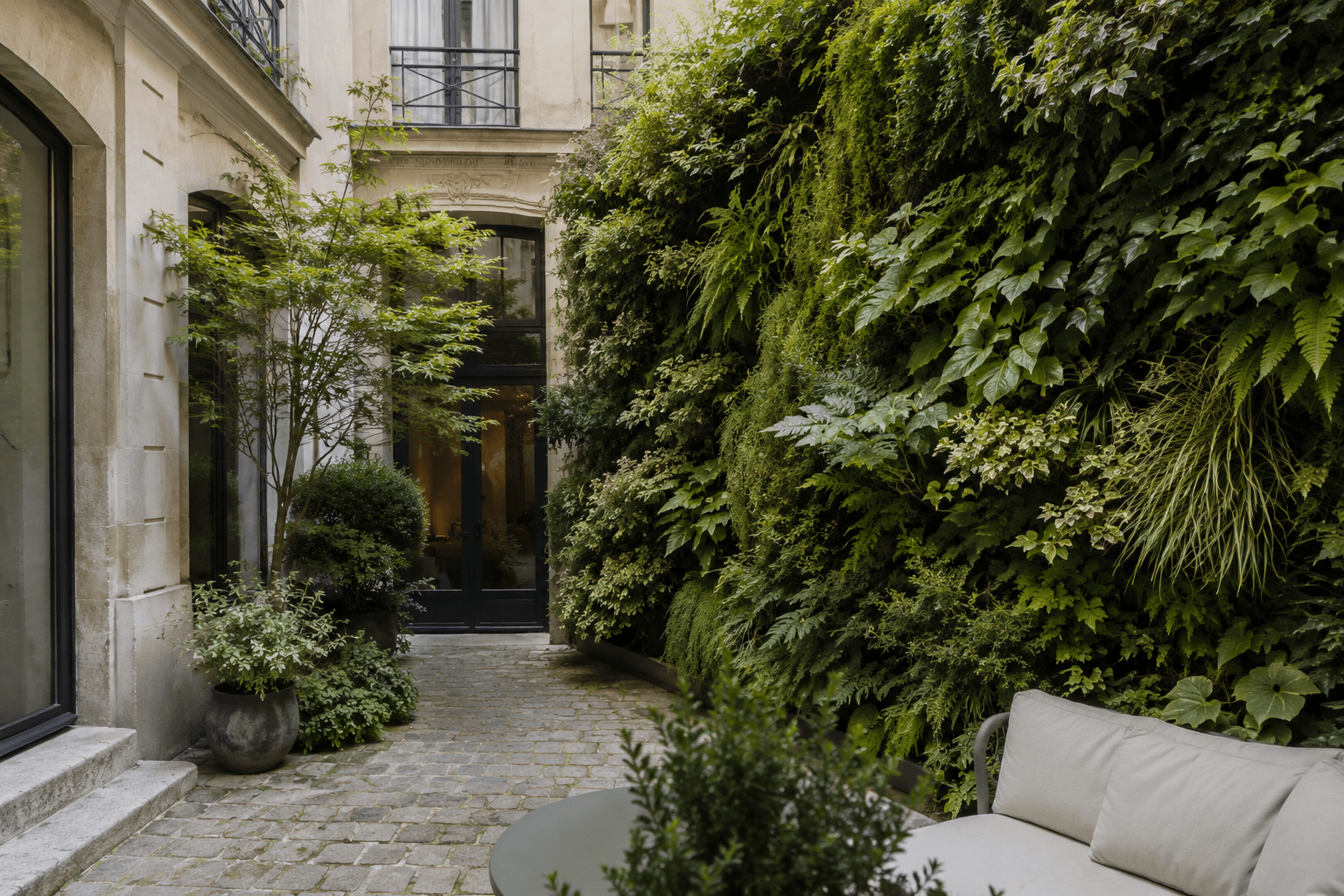 Mur végétal sur une cour parisienne, paroi plantée et irriguée