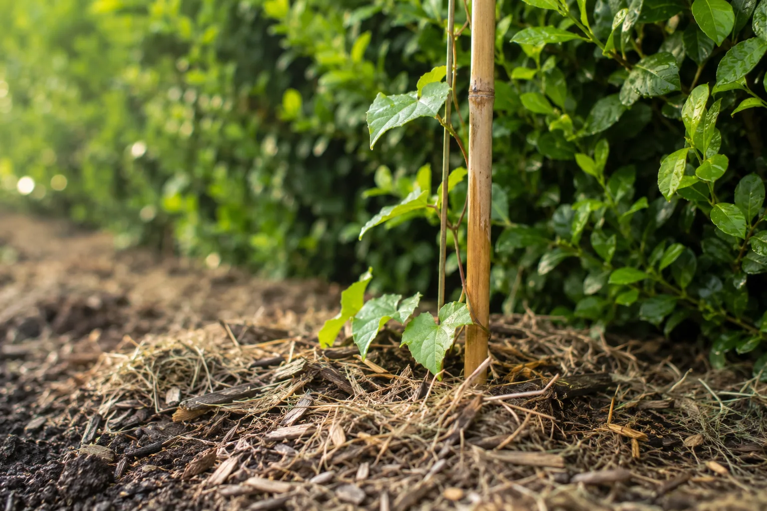 Paillage de broyat au pied d'une grimpante plantée devant une haie