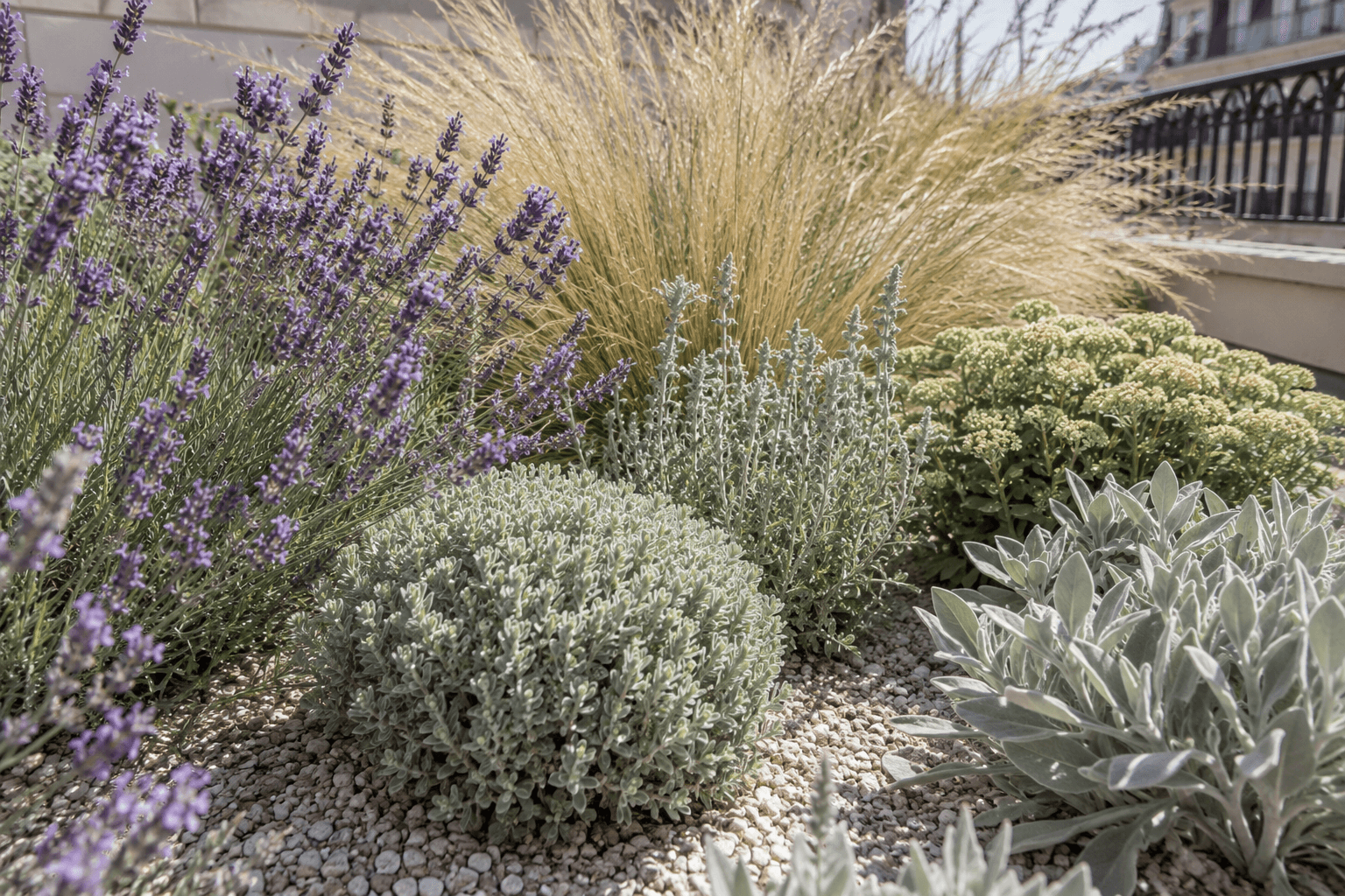 Massif de plantes résistantes à la sécheresse sur une terrasse parisienne : lavande, santoline et graminées sur paillage minéral