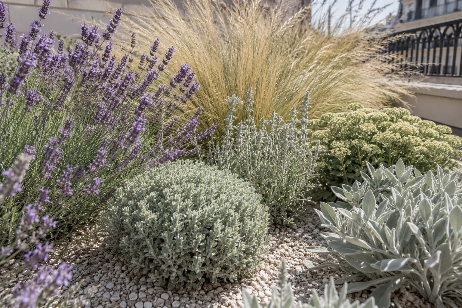 Massif de plantes résistantes à la sécheresse sur une terrasse parisienne : lavande, santoline et graminées sur paillage minéral