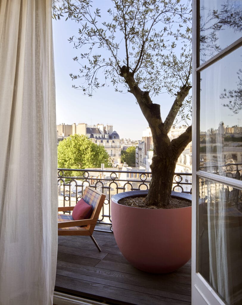 Jardinières fleuries et feuillages sur un balcon haussmannien parisien