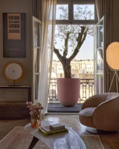 Aménagement de balcon Paris 16e avec oliviers et pergola bois