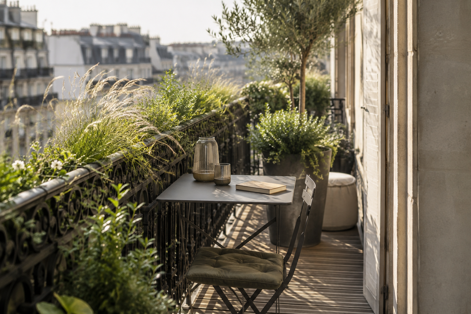 Aménager un balcon filant à Paris : mobilier étroit, garde-corps et plantes en hauteur