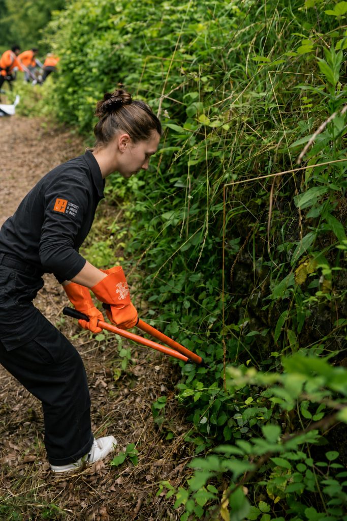 Jardinière paysagiste taillant une haie dans un jardin parisien