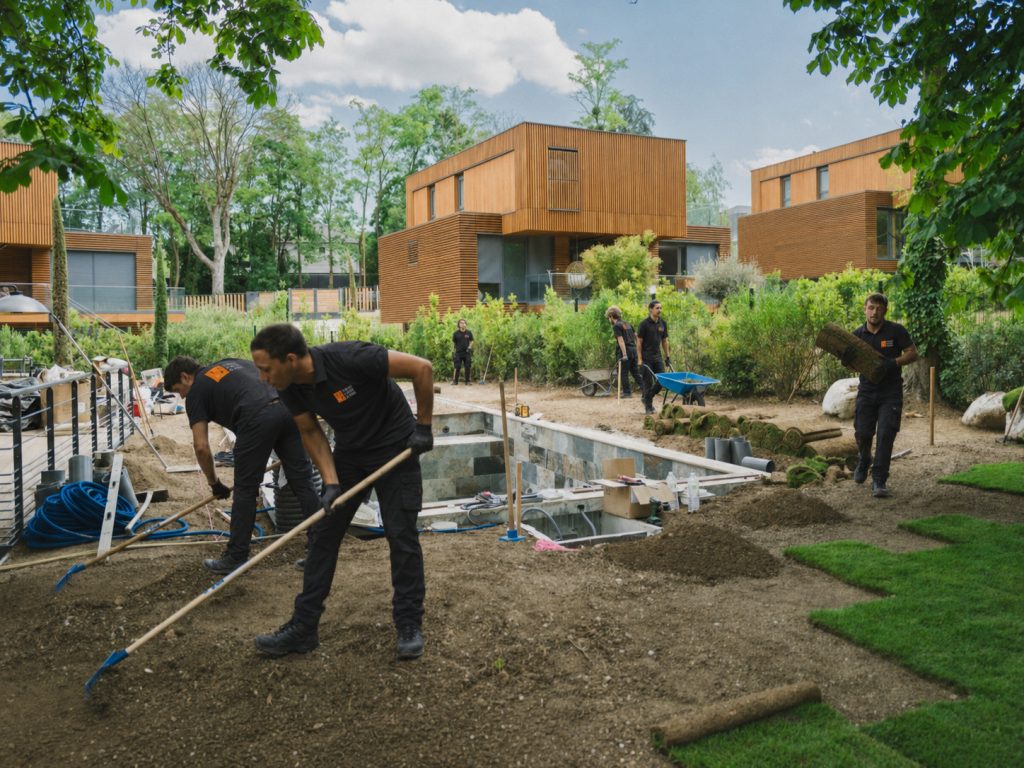 Plantations entretenues autour d'une piscine dans un jardin parisien