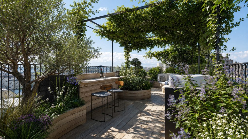 Rendu 3D d'un bar extérieur sur une terrasse parisienne, projet du bureau d'études